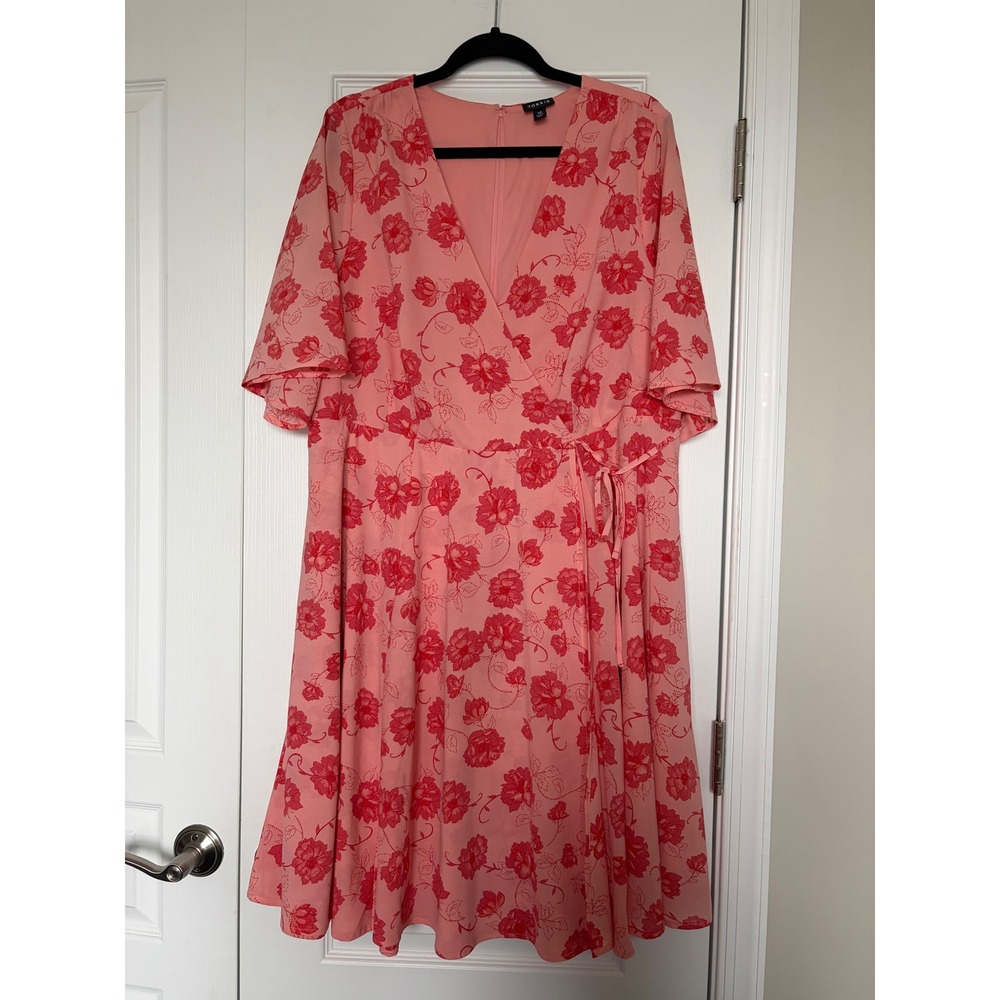 Torrid Pink Floral Faux Wrap Midi Dress Coral Red Flower Flutter Sleeve Size 16